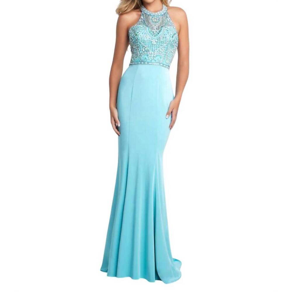 NEW BLUSH PROM beaded bodice gown with cascading ruffled back in tiffany